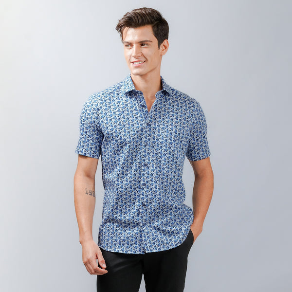 OLYMP LUXOR Shirt เสื้อเชิ้ต พิมพ์ลายกราฟิกสีน้ำเงิน ใส่สบาย รีดง่าย
