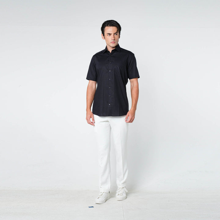 OLYMP LUXOR Shirt เสื้อเชิ้ตแขนสั้น สีดำ ผ้าเรียบ ทรงหลวม ใส่สบาย รีดง่าย 