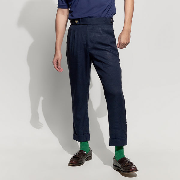 era-won กางเกงขายาว รุ่น Double Belts Trousers V4 ทรง Skinny Crop เอวสูง สี Shinori blue (กรม) ผ้าทอลาย 