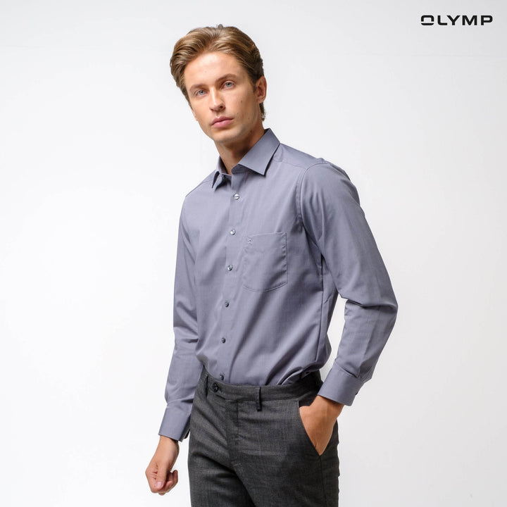 OLYMP LUXOR Shirt เสื้อเชิ้ตชาย  สีเทา ผ้าเท็กเจอร์ลายขัด ทรงหลวม ใส่สบาย รีดง่าย  NOSLUX 