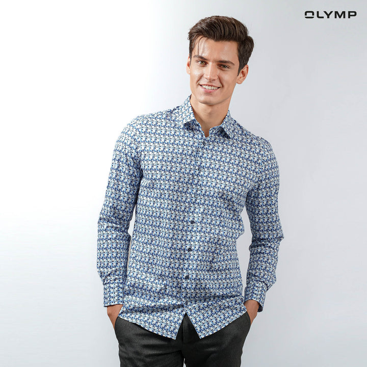 OLYMP  Level Five Shirt เสื้อเชิ้ตชาย สีฟ้า พิมพ์ลายกราฟิก ทรงพอดีตัว ยืดหยุ่นได้ดี รีดง่าย AUTU23 