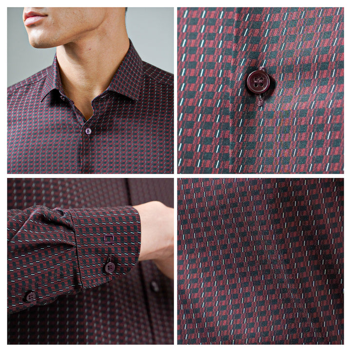 OLYMP  Level Five Shirt เสื้อเชิ้ตชาย สีแดงเข้ม พิมพ์ลายกราฟิก ทรงพอดีตัว ยืดหยุ่นได้ดี รีดง่าย AUTU23 