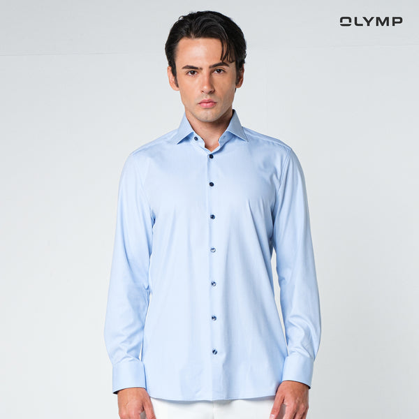 OLYMP  24/Seven Level Five Shirt เสื้อเชิ้ตปรับอุณหภูมิ  สีฟ้า ผ้าเท็กเจอร์แต่งปก ทรงพอดีตัว ยืดหยุ่นได้ดี  ควบคุมกลิ่น เบาเหมือนสวมใส่ชุดกีฬา SUMM24 