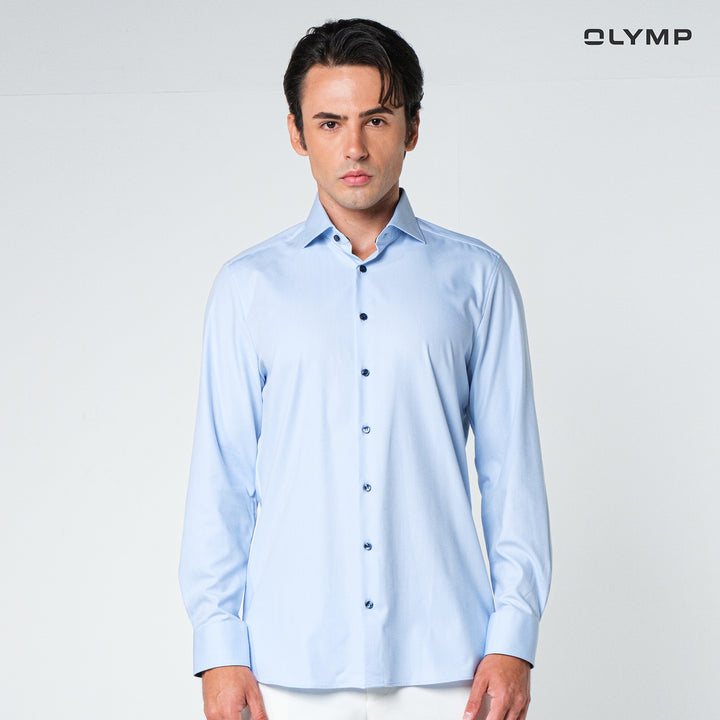 OLYMP  24/Seven Level Five Shirt เสื้อเชิ้ตปรับอุณหภูมิ  สีฟ้า ผ้าเท็กเจอร์แต่งปก ทรงพอดีตัว ยืดหยุ่นได้ดี  ควบคุมกลิ่น เบาเหมือนสวมใส่ชุดกีฬา SUMM24 
