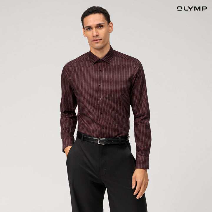 OLYMP  Level Five Shirt เสื้อเชิ้ตชาย สีแดงเข้ม พิมพ์ลายกราฟิก ทรงพอดีตัว ยืดหยุ่นได้ดี รีดง่าย AUTU23 