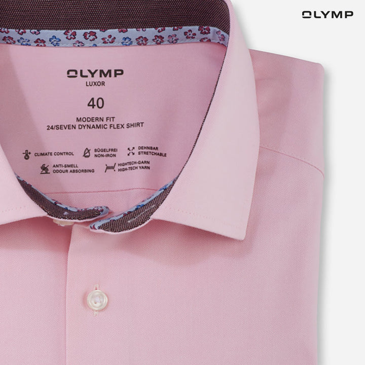 OLYMP  24/Seven LUXOR Shirt เสื้อเชิ้ตปรับอุณหภูมิ  สีชมพู ผ้าเท็กเจอร์แต่งปก ทรงหลวม ยืดหยุ่นได้ดี  ควบคุมกลิ่น เบาเหมือนสวมใส่ชุดกีฬา SUMM24 
