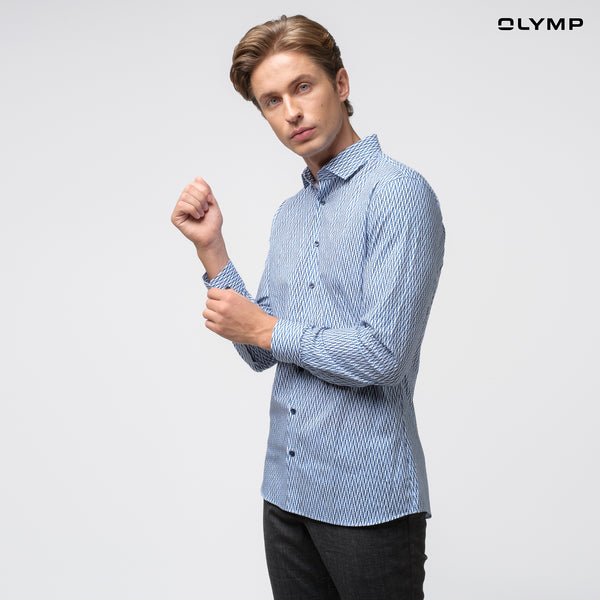 OLYMP  No. Six Shirt เสื้อเชิ้ตชาย ลายพิมพ์ สีน้ำเงิน ทรงเข้ารูป ยืดหยุ่นได้ดี รีดง่าย SPRI24 