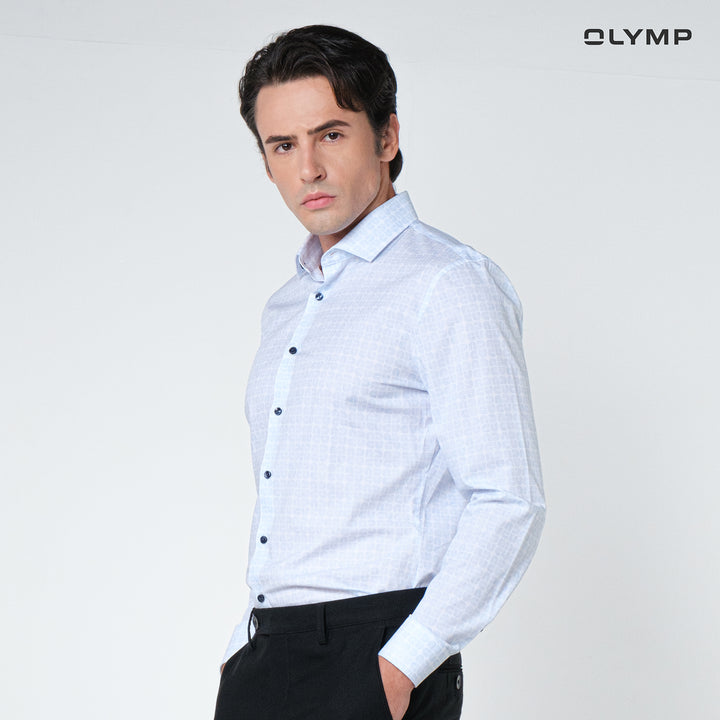 OLYMP  No. Six Shirt เสื้อเชิ้ตผ้าเรียบพิมพ์ลายเรโทรสีฟ้าอ่อน มีความยืดหยุ่น   ทรงเข้ารูป ยืดหยุ่นได้ดี รีดง่าย SUMM24 