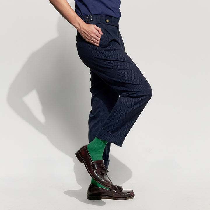 era-won กางเกงขายาว รุ่น Double Belts Trousers V4 ทรง Skinny Crop เอวสูง สี Shinori blue (กรม) ผ้าทอลาย 