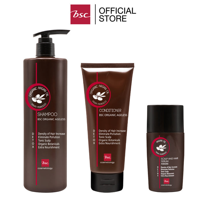 BSC ORGANIC AGELESS HAIR SET บีเอสซี ออแกนิค เอจเลส แฮร์ เซ็ท ชุดเซ็ตทำความสะอาดและบำรุงหนังศรีษะและเส้นผม สูตรออแกนิค ประกอบด้วย แชมพู ครีมนวด และ เซรั่ม BSC Cosmetology