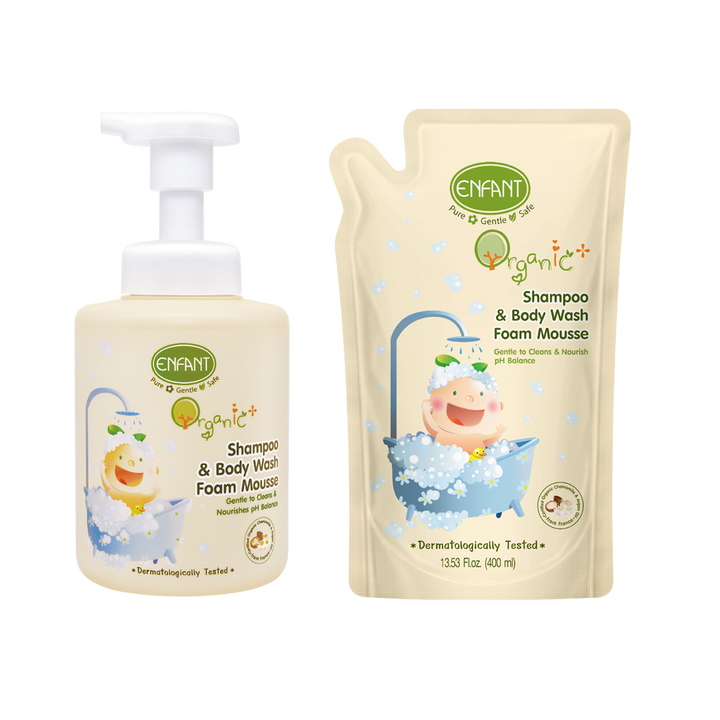 Enfant อองฟองต์ Organic Plus Shampoo & Body Wash Foam Mousse + Free (Refill) แชมพูแอนด์ บอดี้วอชโฟมมูส ขวดแถมถุง ENFANT