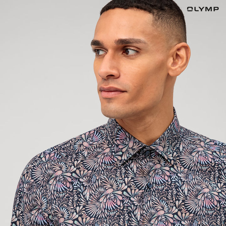 "OLYMP  Level Five Shirt เสื้อเชิ้ตชาย ผ้าเรียบลายพิมพ์กราฟิก สีกรมท่าเข้ม  ทรงพอดีตัว ยืดหยุ่นได้ดี รีดง่าย SUMM24 