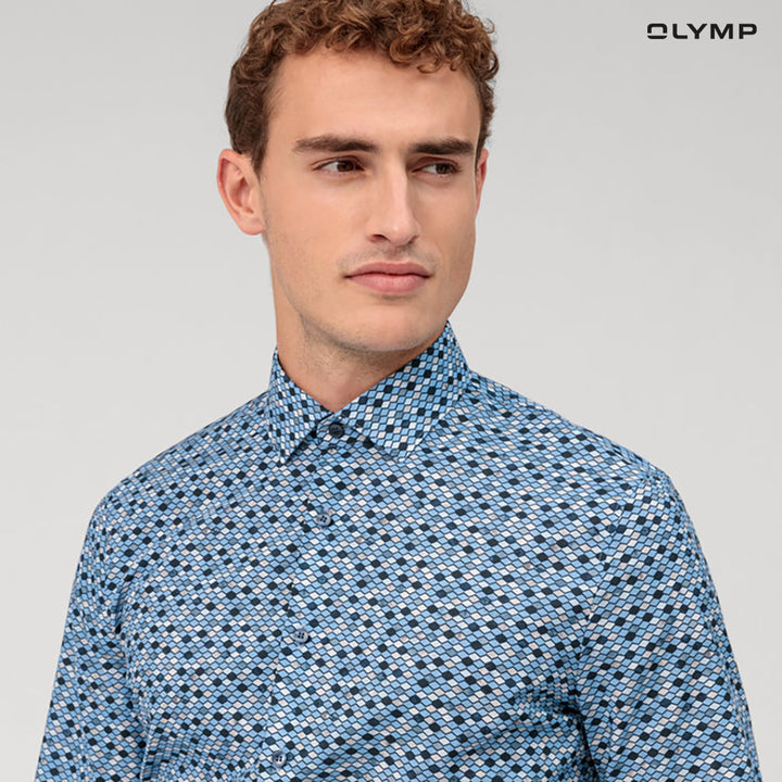 OLYMP  No. Six Shirt เสื้อเชิ้ต ผ้าเรียบพิมพ์ลายเรโทรสีฟ้าอ่อน มีความยืดหยุ่น   ทรงเข้ารูป ยืดหยุ่นได้ดี รีดง่าย SUMM24 