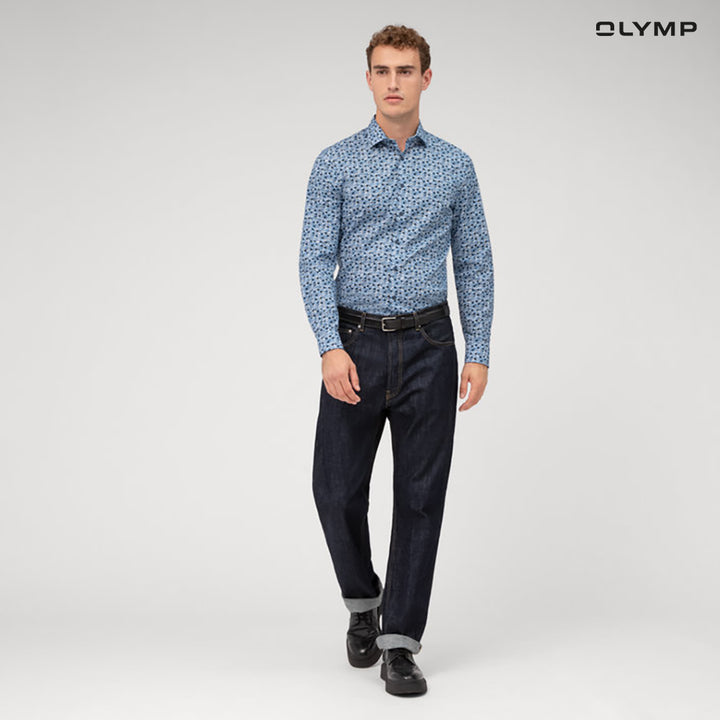 OLYMP  No. Six Shirt เสื้อเชิ้ต ผ้าเรียบพิมพ์ลายเรโทรสีฟ้าอ่อน มีความยืดหยุ่น   ทรงเข้ารูป ยืดหยุ่นได้ดี รีดง่าย SUMM24 