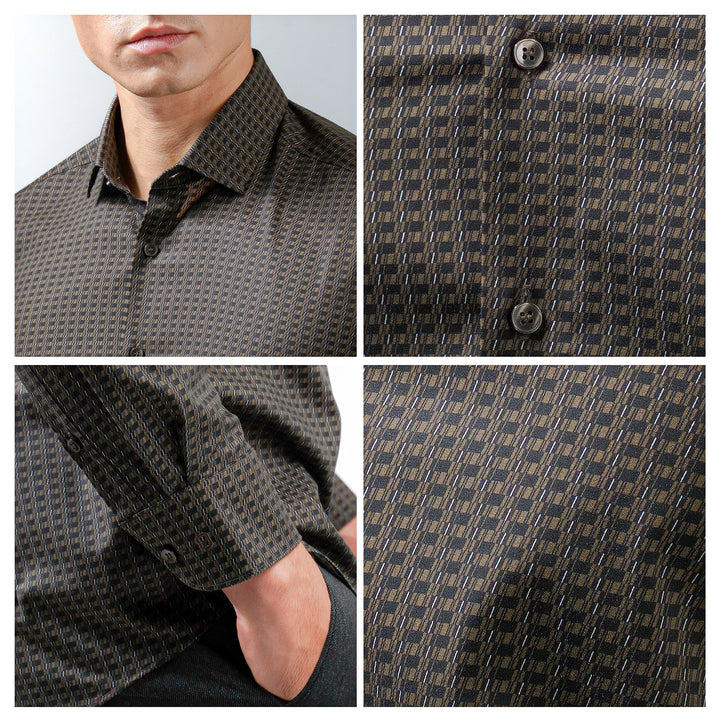 OLYMP  Level Five Shirt เสื้อเชิ้ตรักษ์โลก สีน้ำตาล พิมพ์ลายกราฟิก ทรงพอดีตัว ยืดหยุ่นได้ดี รีดง่าย AUTU23 