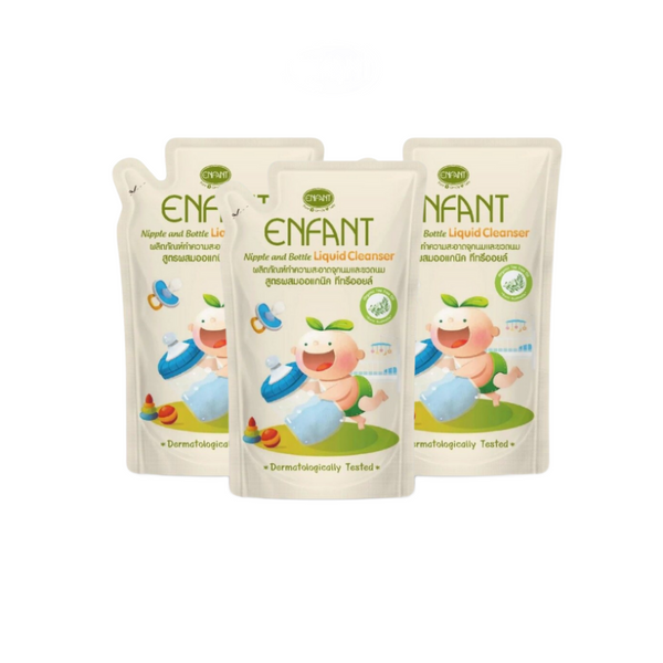 Enfant อองฟองต์ Nipple and Bottle Liquid Cleanser ผลิตภัณฑ์ทำความสะอาดจุกนมและขวดนม สูตรผสมออร์แกนิก ทีทรีออยล์ ชนิดขวด 600 ml. 1ลัง/12ซอง ENFANT