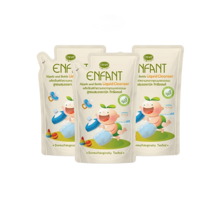Enfant อองฟองต์ Nipple and Bottle Liquid Cleanser ผลิตภัณฑ์ทำความสะอาดจุกนมและขวดนม สูตรผสมออร์แกนิก ทีทรีออยล์ ชนิดขวด 600 ml. 1ลัง/12ซอง ENFANT