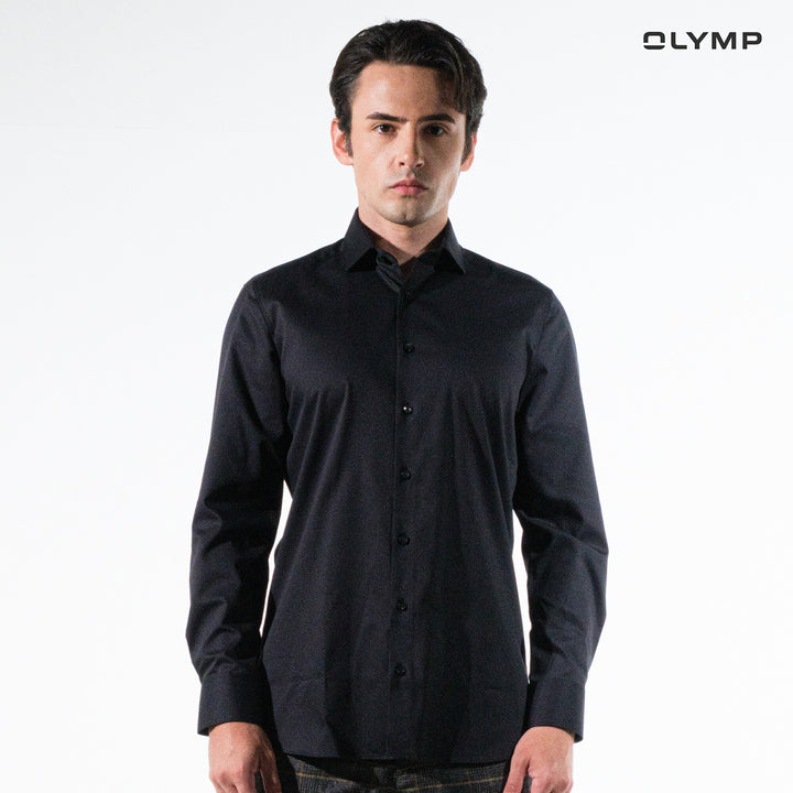 OLYMP  Level Five Shirt เสื้อเชิ้ตชาย สีดำผ้าเท็กเจอร์ไดมอนด์  ทรงพอดีตัว ยืดหยุ่นได้ดี รีดง่าย SUMM24 