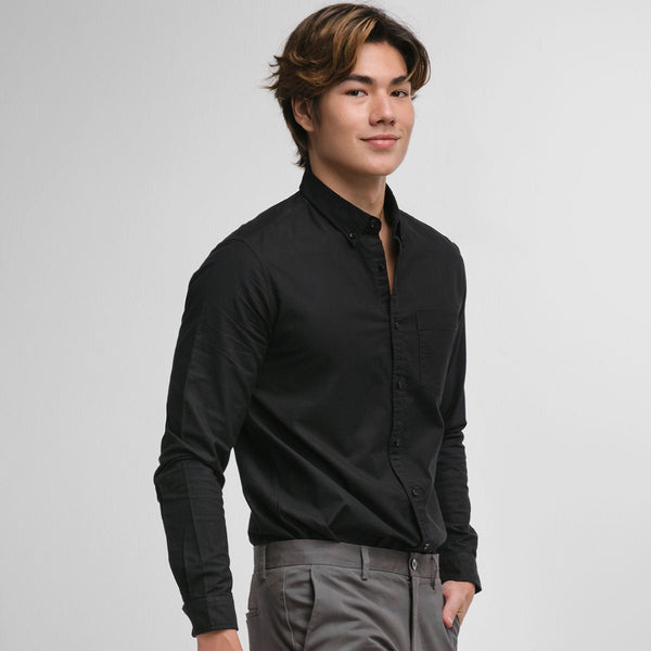 era-won เสื้อเชิ้ต คอปก แขนยาว Oxford Shirt Signature  สี Black (กระดุมสีดำ) ICCSHOPPING