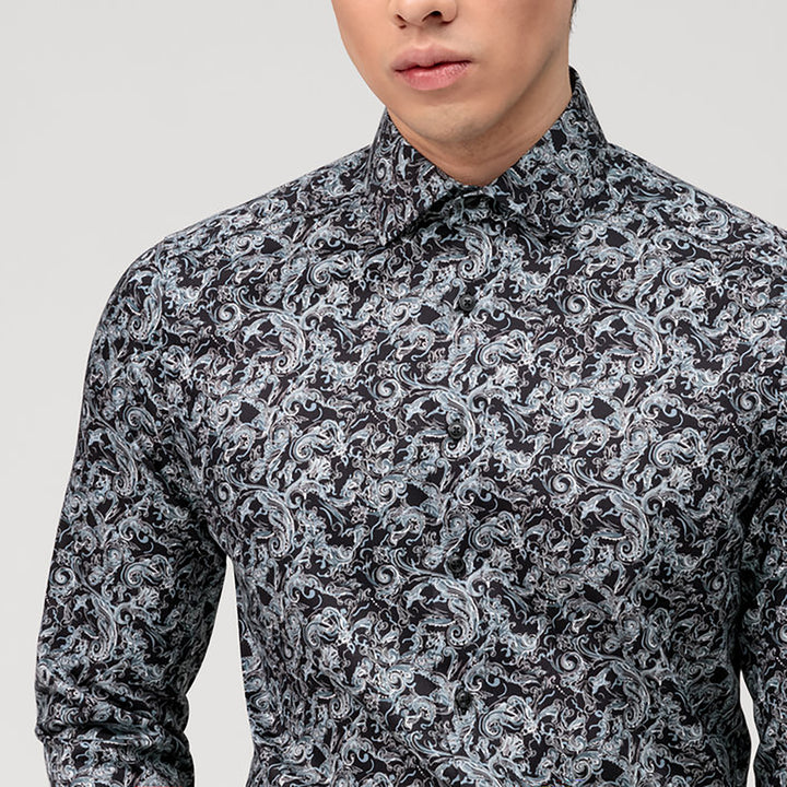 OLYMP LUXOR Shirt เสื้อเชิ้ตสีดำพิมพ์ลาย กราฟิก ใส่สบาย รีดง่าย 
