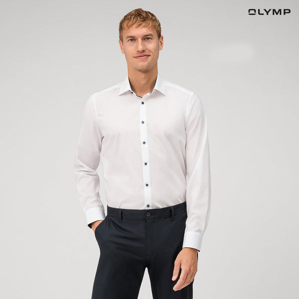 OLYMP 24/Seven Level Five Shirt เสื้อเชิ้ตปรับอุณหภูมิ  สีขาว ผ้าเรียบแต่งปก ทรงพอดีตัว ยืดหยุ่นได้ดี  ควบคุมกลิ่น เบาเหมือนสวมใส่ชุดกีฬา  SUMM24 