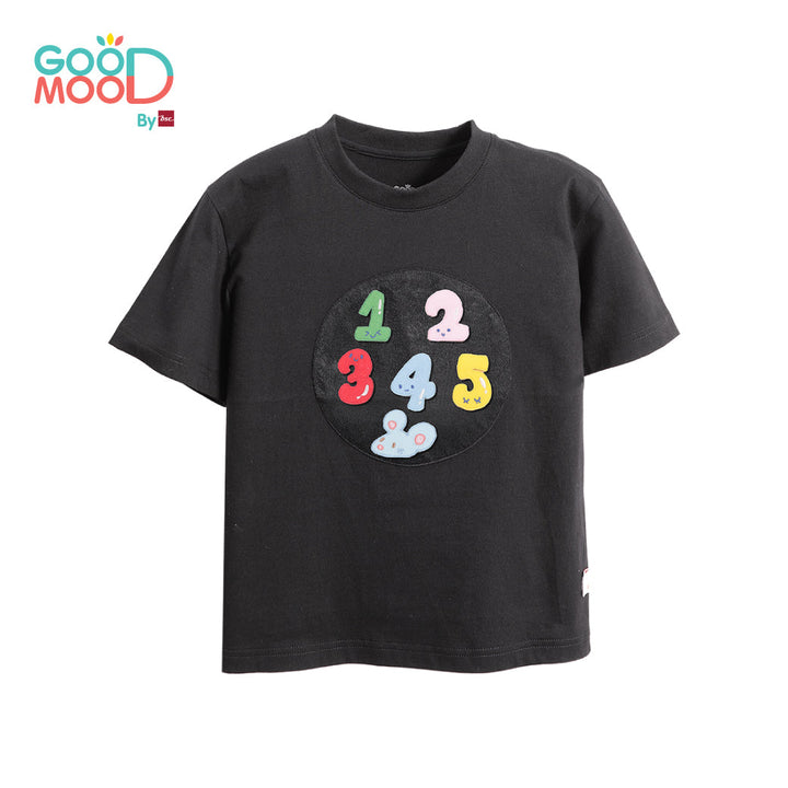 Good Mood by bsc เสื้อยืดคอกลม แขนสั้น สีดำ + PATCHES ลายตัวเลข 6 ชิ้น สำหรับเด็กอายุ 2-9 ปี ผ้าคอตตอน ICCSHOPPING