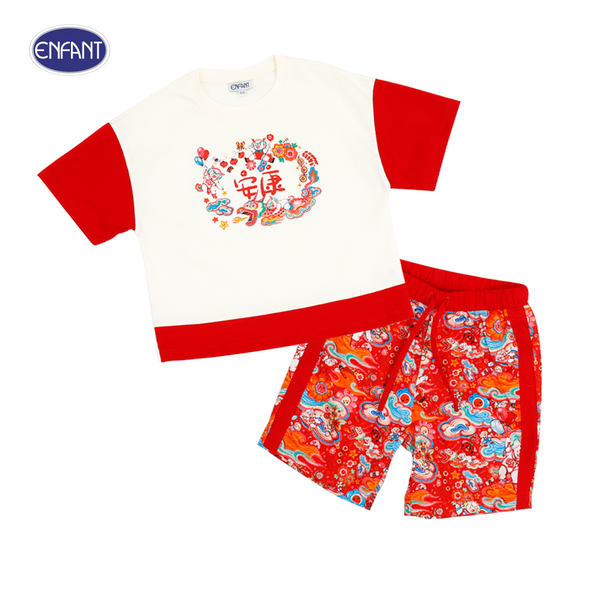Enfant (อองฟองต์) ชุดเสื้อคอกลม + กางเกงลายมังกร คอลเลกชั่น Festive ต้อนรีบปีมังกรทอง สำหรับเด็กอายุ 6 เดือน - 4 ปี สีแดง