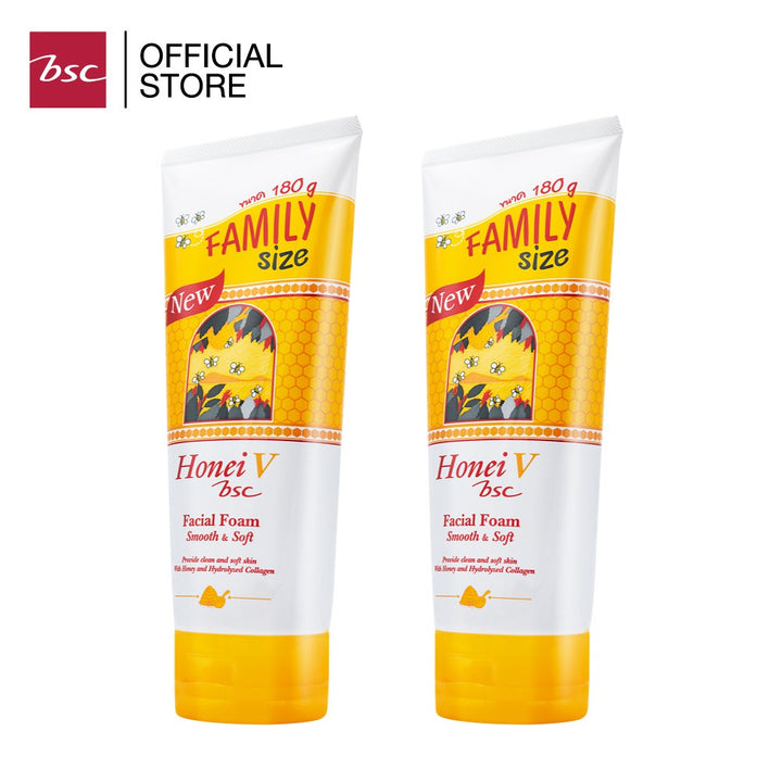 [ SET 2 ชิ้นสุดคุ้ม ] HONEI V BSC FACIAL FOAM FAMILY SIZE 180 G. โฟมน้ำผึ้ง สูตรยอดนิยม ผิวหน้าสะอาดเรียบเนียน ICCSHOPPING