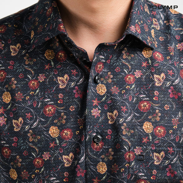 OLYMP  LUXOR Shirt เสื้อเชิ้ตผู้ชายแขนสั้น สีดำ  พิมพ์ลายกราฟิกดอกไม้ ทรงหลวม ใส่สบาย รีดง่าย AUTU24 