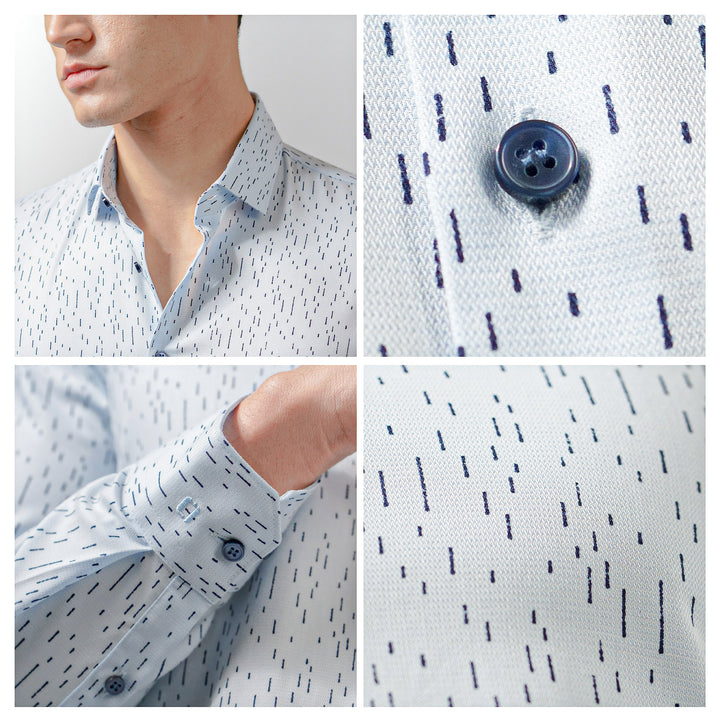 OLYMP  No. Six Shirt เสื้อเชิ้ตชาย สีฟ้า พิมพ์ลาย ทรงเข้ารูป ยืดหยุ่นได้ดี รีดง่าย AUTU23 