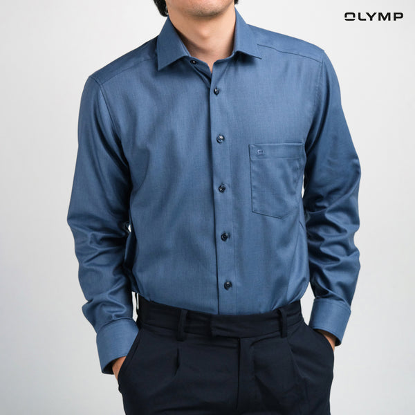 OLYMP  LUXOR Shirt เสื้อเชิ้ตผู้ชายแขนยาว สีน้ำเงิน ผ้าเท็กเจอร์ ใส่สบาย รีดง่าย AUTU24 