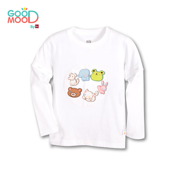 Good Mood by bsc เสื้อยืดคอกลมแขนยาวถอดแขน สีขาว + PATCHES ลายสัตว์ 6 ชิ้น สำหรับเด็กอายุ 2-9 ปี ผ้าคอตตอน ICCSHOPPING