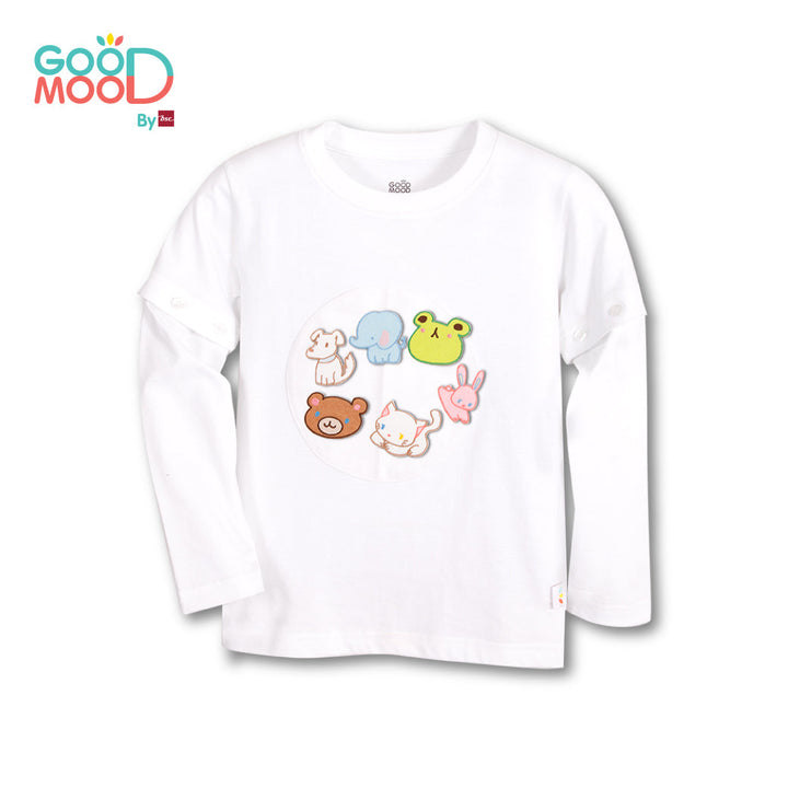 Good Mood by bsc เสื้อยืดคอกลมแขนยาวถอดแขน สีขาว + PATCHES ลายสัตว์ 6 ชิ้น สำหรับเด็กอายุ 2-9 ปี ผ้าคอตตอน ICCSHOPPING