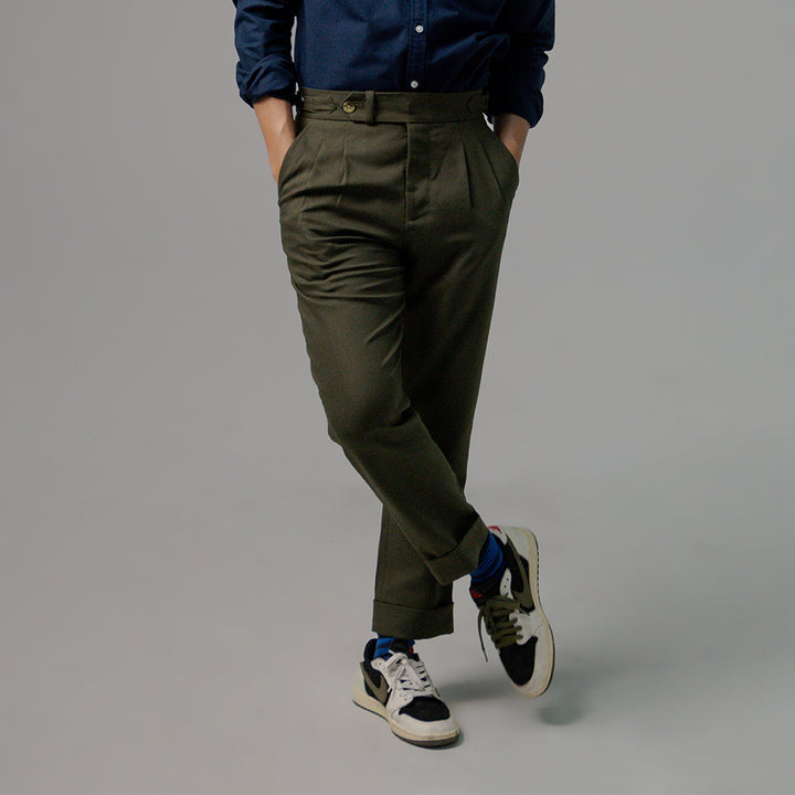 era-won กางเกงขายาว รุ่น Double Belts Trousers V2 ทรง Skinny Crop เอวสูง สี Olive (เขียวขี้ม้า) ผ้าใหม่ 