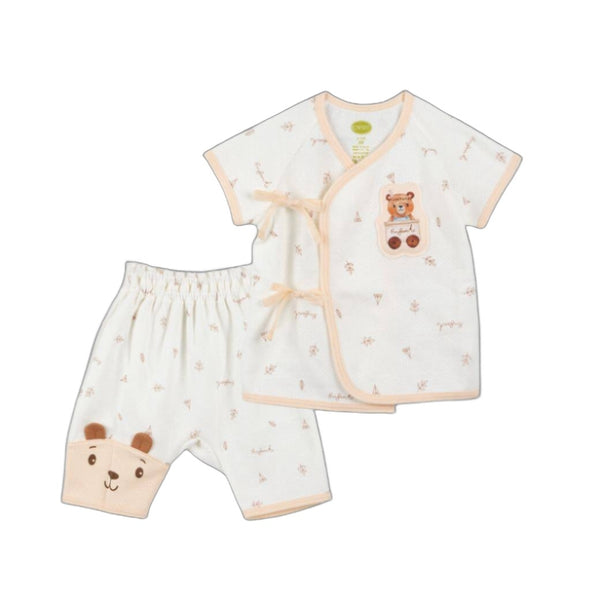 ENFANT อองฟองต์ ชุดเสื้อป้ายผูกหน้า+กางเกง สำหรับเด็กอายุ 0-6 เดือน คอลเลกชั่น หมีกางเต็นท์ ผ้าคอตตอนออร์แกนิก สีครีม