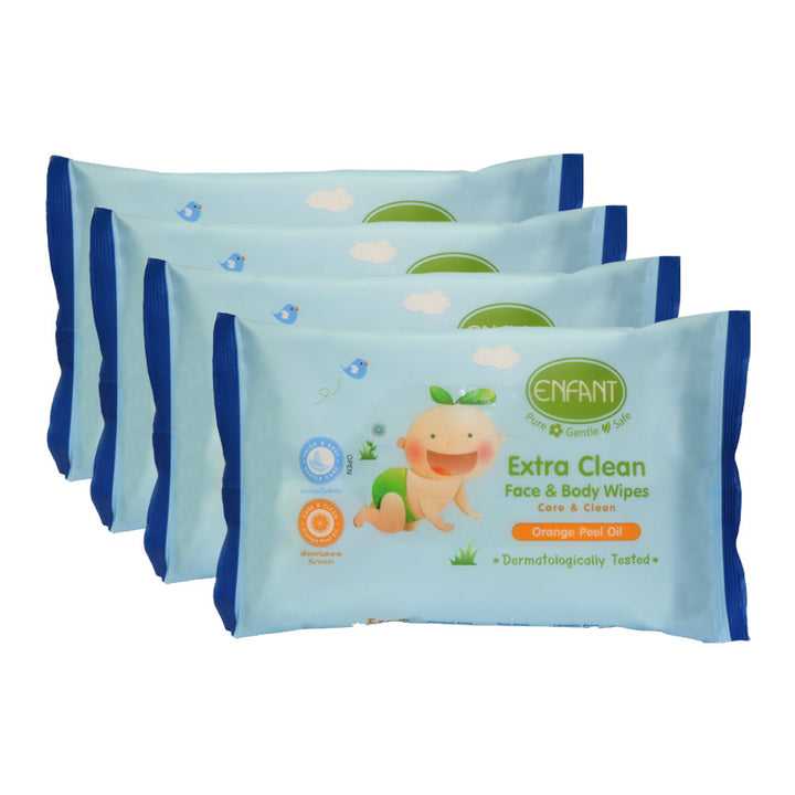 Enfant อองฟองต์ Organic Extra Clean Face & Body Wipes ทิชชูเปียก สูตรลดการสะสมของสิ่งสกปรก 1 ห่อ มี 30 แผ่น /1 แพค มี 4 ห่อ ENFANT