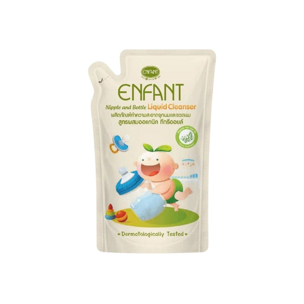 Enfant อองฟองต์ Nipple and Bottle Liquid Cleanser ผลิตภัณฑ์ทำความสะอาดจุกนมและขวดนม สูตรผสมออร์แกนิก ทีทรีออยล์ ชนิดถุงเติม 600 ml. ENFANT