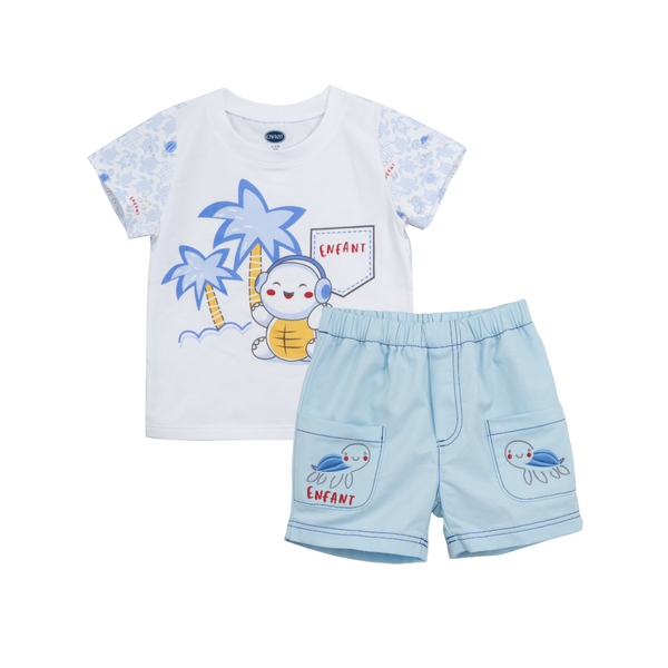 ENFANT อองฟองต์ ชุดเสื้อแขนสั้น+กางเกงสามส่วน คอลเลกชั่น เต่าทะเล พิมพ์ลายเต่ามะเฟือง ผ้าคอตตอนผสมสแปนเด็กซ์ สำหรับเด็กอายุ 3-24 เดือน ENFANT