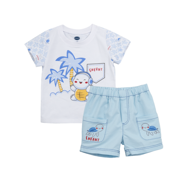 ENFANT อองฟองต์ ชุดเสื้อแขนสั้น+กางเกงสามส่วน คอลเลกชั่น เต่าทะเล พิมพ์ลายเต่ามะเฟือง ผ้าคอตตอนผสมสแปนเด็กซ์ สำหรับเด็กอายุ 3-24 เดือน