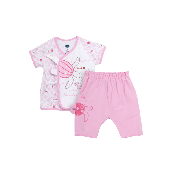 ENFANT อองฟองต์ ชุดเสื้อป้ายแขนสั้น+กางเกงขาสั้น คอลเลกชั่น เต่าทะเล พิมพ์ลายเต่ามะเฟือง ผ้าคอตตอนผสมสแปนเด็กซ์ สำหรับเด็กอายุ 0-6 เดือน ENFANT