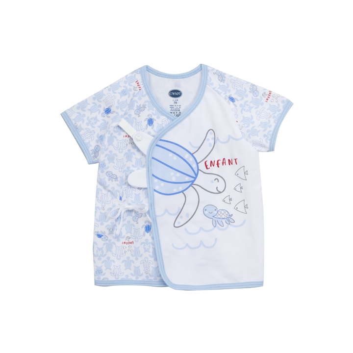 ENFANT อองฟองต์ ชุดเสื้อป้ายแขนสั้น+กางเกงขาสั้น คอลเลกชั่น เต่าทะเล พิมพ์ลายเต่ามะเฟือง ผ้าคอตตอนผสมสแปนเด็กซ์ สำหรับเด็กอายุ 0-6 เดือน ENFANT