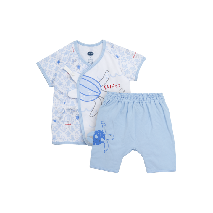 ENFANT อองฟองต์ ชุดเสื้อป้ายแขนสั้น+กางเกงขาสั้น คอลเลกชั่น เต่าทะเล พิมพ์ลายเต่ามะเฟือง ผ้าคอตตอนผสมสแปนเด็กซ์ สำหรับเด็กอายุ 0-6 เดือน ENFANT