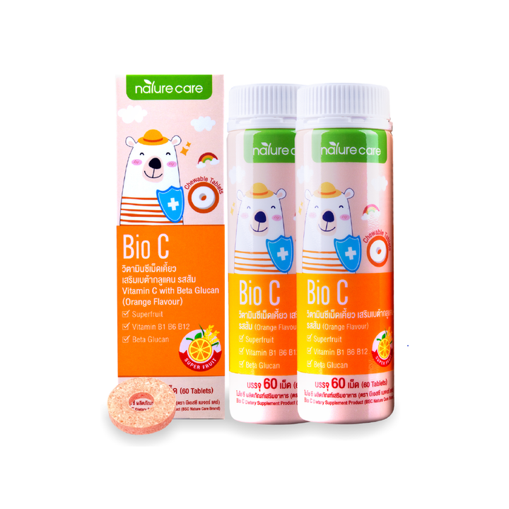 BSC Nature Care Bio C ไบโอซี วิตามินซีเคี้ยวรสส้ม สำหรับเด็ก เสริมภูมิคุ้มกันให้ลูกแข็งแรง 1ขวด/60เม็ด BSC Happy Age
