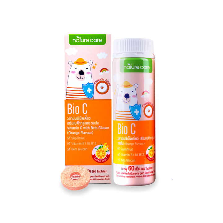 BSC Nature Care Bio C ไบโอซี วิตามินซีเคี้ยวรสส้ม สำหรับเด็ก เสริมภูมิคุ้มกันให้ลูกแข็งแรง 1ขวด/60เม็ด BSC Happy Age