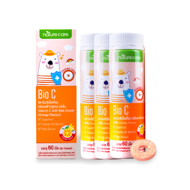 BSC Nature Care Bio C ไบโอซี วิตามินซีเคี้ยวรสส้ม สำหรับเด็ก เสริมภูมิคุ้มกันให้ลูกแข็งแรง 1ขวด/60เม็ด BSC Happy Age