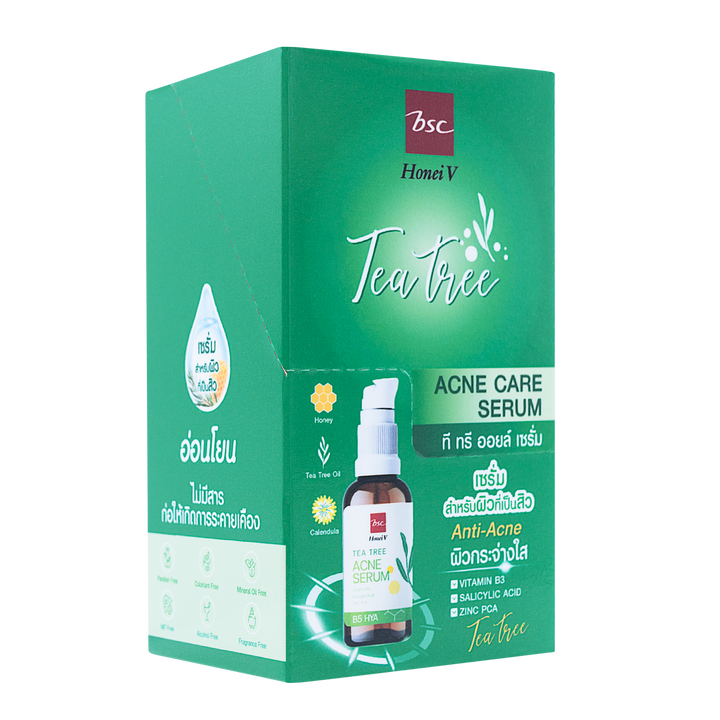 HONEI V BSC TEA TREE  ACNE CARE SERUM  ฮันนี่ วี บีเอสซี ที ทรี แอคเน่ แคร์ เซรั่ม เซรั่มบำรุงผิว ช่วยดูแลผิวทีเป็นสิว ผสาน Tea Tree Oil สารสกัดของใบชาเขียว 