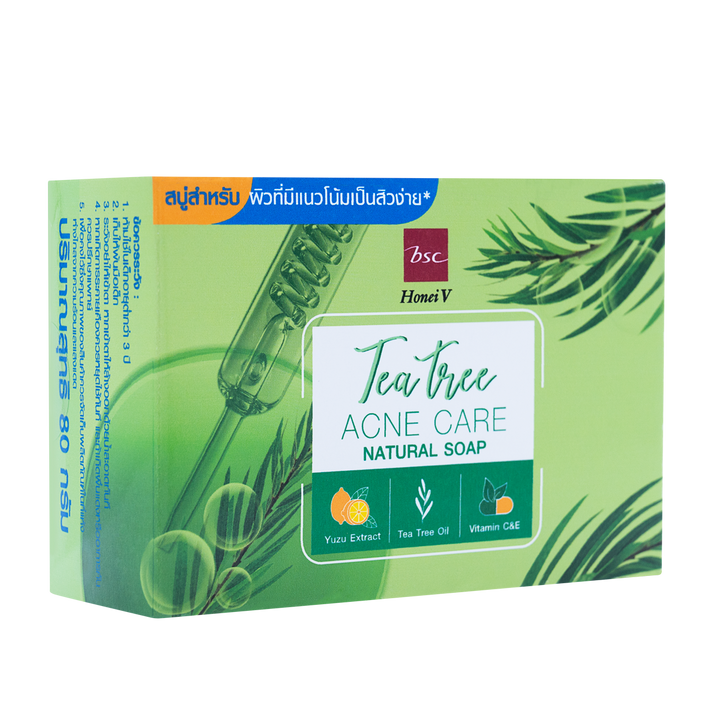 HONEI V BSC TEA TREE  ACNE CARE NATURAL SOAP ฮันนี่ วี บีเอสซี ที ทรี แอคเน่ แคร์ เนเชอรัล โซพ สบู่สูตร Acne Natural Whip  ช่วยทำความสะอาดผิวได้อย่างอ่อนโยน 