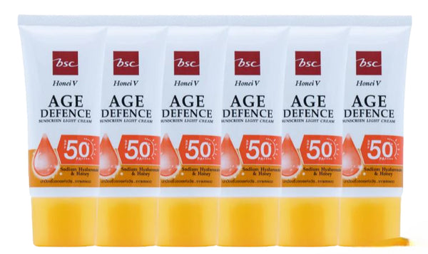 [ แพคคู่สุดคุ้ม ]HONEI V BSC AGE DEFENCE SUNSCREEN LIGHT CREAM SPF50+ PA++++ 30 กรัม 3 แพค ครีมกันแดด ผสมน้ำผึ้ง&ไฮยา กันแดดได้...กันแก่ด้วย ครีมกันแดด SPF 50+ PA++++   ช่วยปกป้อง 