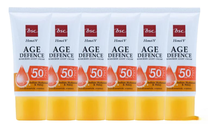 [ แพคคู่สุดคุ้ม ]HONEI V BSC AGE DEFENCE SUNSCREEN LIGHT CREAM SPF50+ PA++++ 30 กรัม 3 แพค ครีมกันแดด ผสมน้ำผึ้ง&ไฮยา กันแดดได้...กันแก่ด้วย ครีมกันแดด SPF 50+ PA++++   ช่วยปกป้อง 