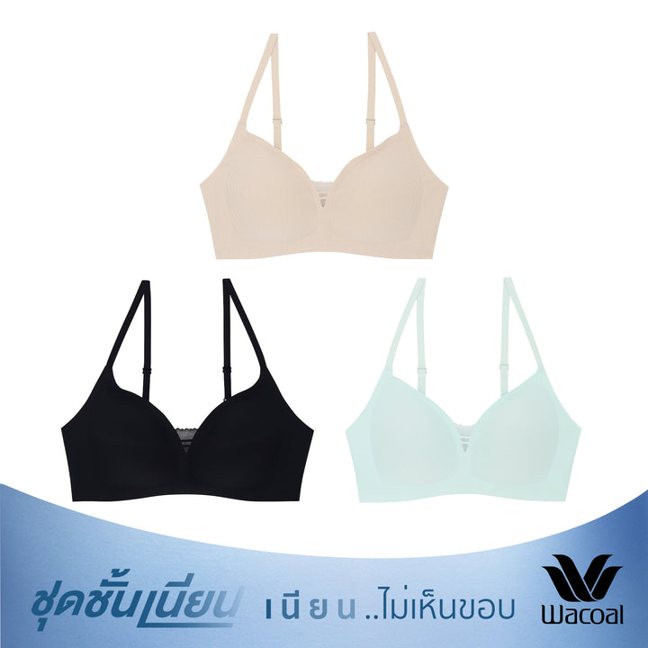 Wacoal ชุดชั้นเนียน บราไร้โครง Smartsize ผ้าร่องแต่งลูกไม้ เซท 3 ชิ้น รุ่น WB3Y38/WB3338 Wacoal